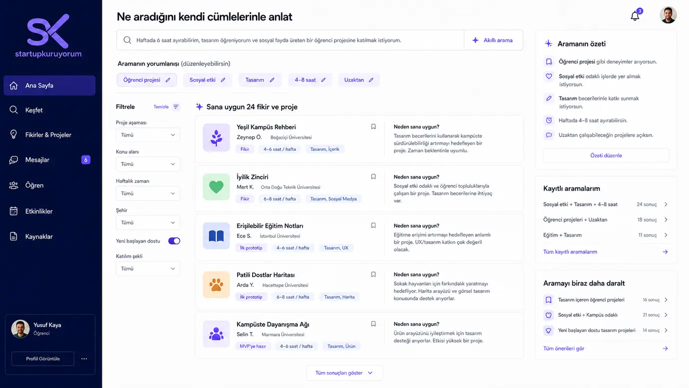 Startupkuruyorum doğal dille proje keşif ekranı