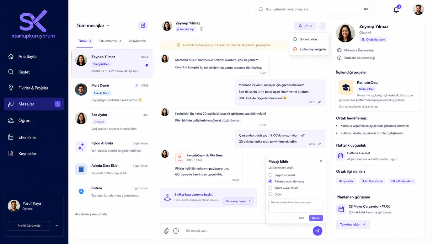 Startupkuruyorum güvenli proje mesajlaşma ekranı