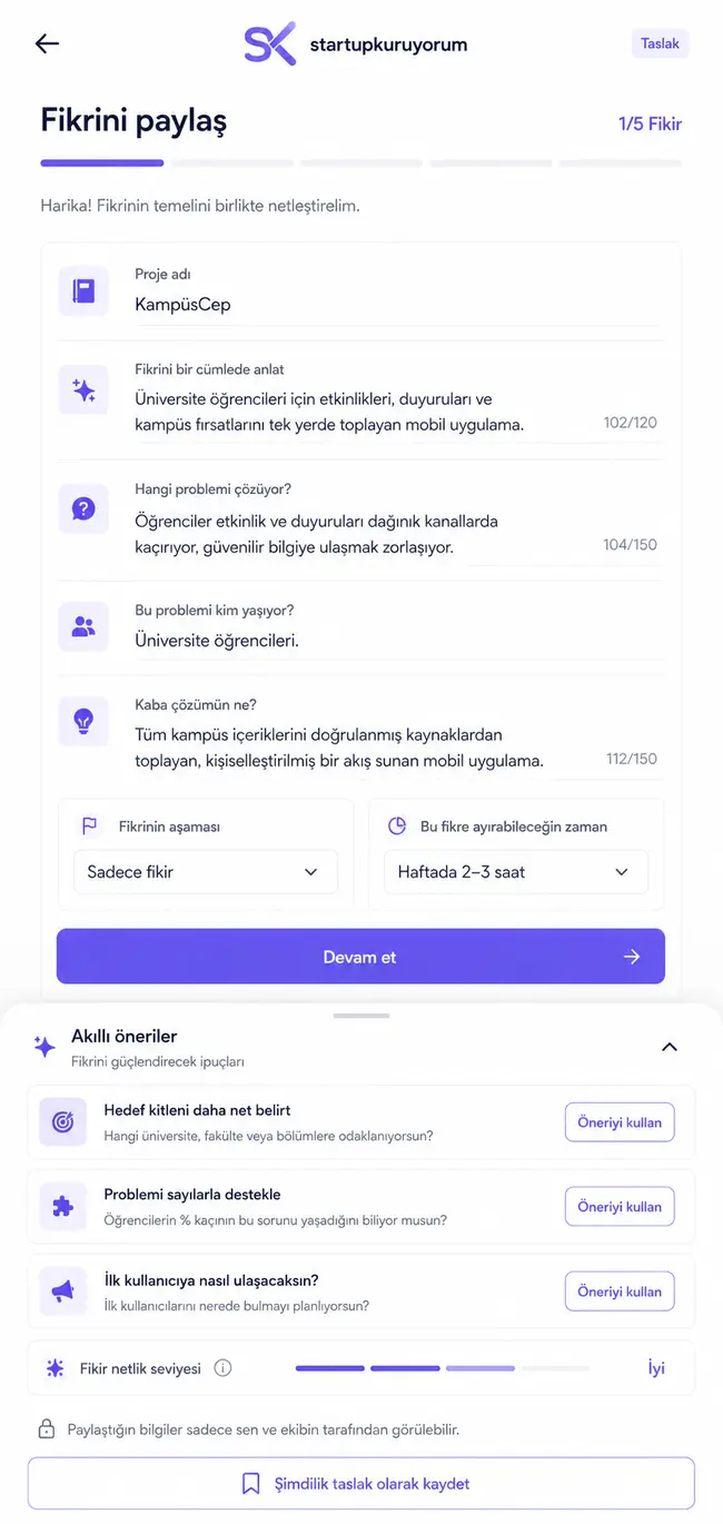 Mobil fikir paylaşma ve akıllı öneriler ekranı