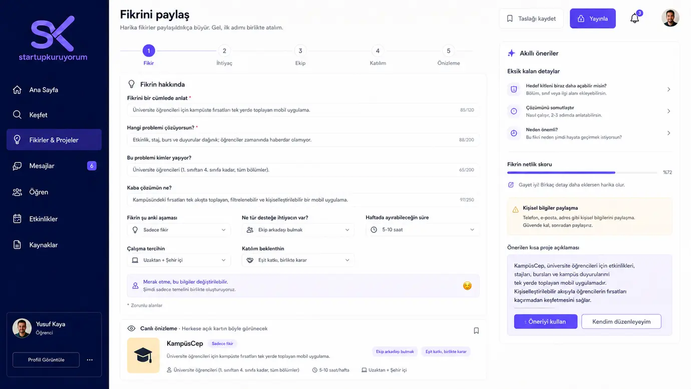 Startupkuruyorum fikir paylaşma ve akıllı öneriler ekranı